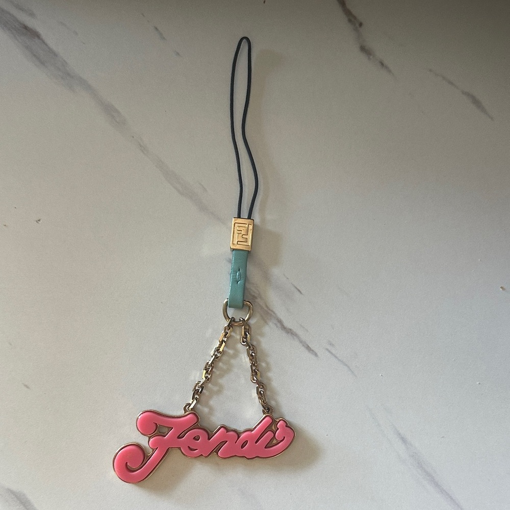 Fendi Pink Script Key Holder with Gold Chain - EUC